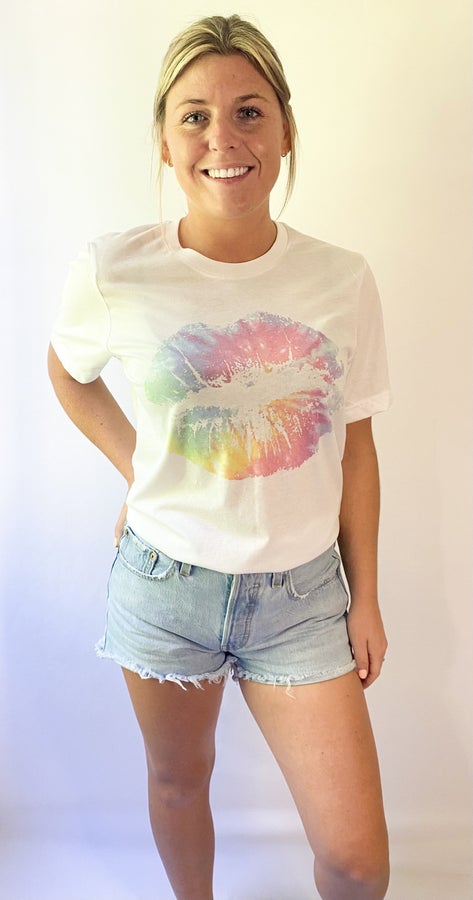 White t-shirt with tie dyed lip graphic