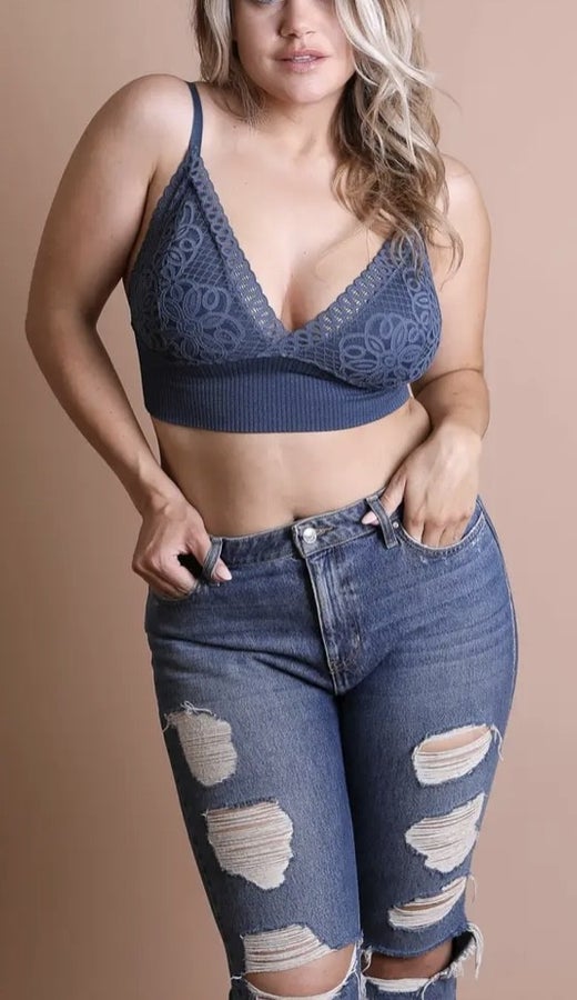 Dusty blue colored lace bralette with skinny straps