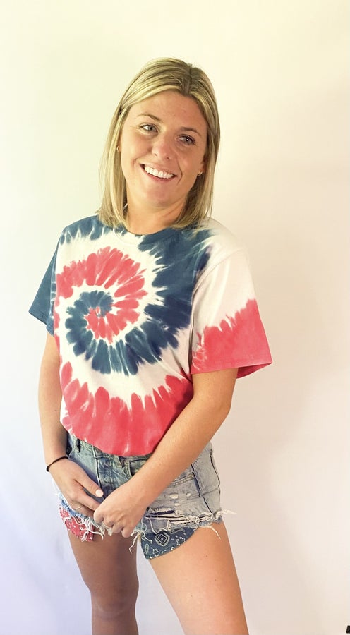 Red, white, and blue tie dyed short sleeve shirt