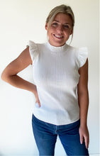 Load image into Gallery viewer, White high neck top with ruffle short sleeves
