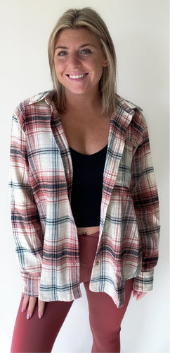 Red, blue, and white plaid flannel button down long sleeve shirt
